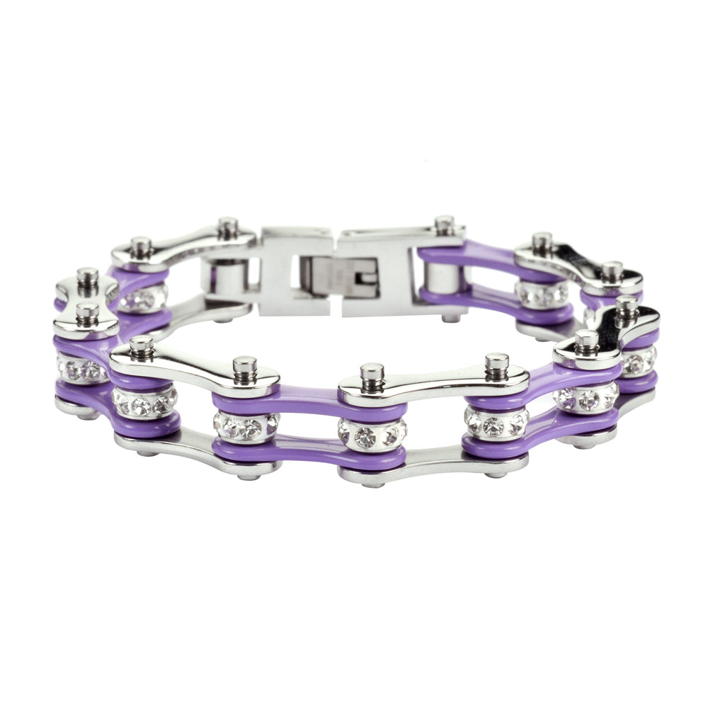 SK1108 1/2" Wide Two Tone Silver Violet With White Crystal Centers Stainless Steel bicycle Bike Chain Bracelet