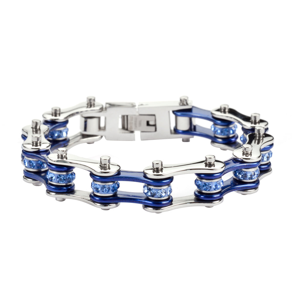 SK1110 1/2" Wide Two Tone Silver Candy Blue With Blue Crystal Centers Stainless Steel bicycle Bike Chain Bracelet