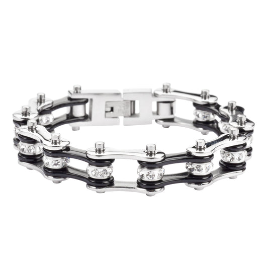 SK1116 Two Tone Silver Black Crystal Centers Stainless Steel bicycle Bike Chain Bracelet