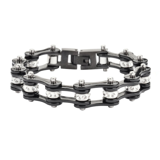 SK1117 1/2" Wide All Black With White Crystal Centers Stainless Steel bicycle Bike Chain Bracelet