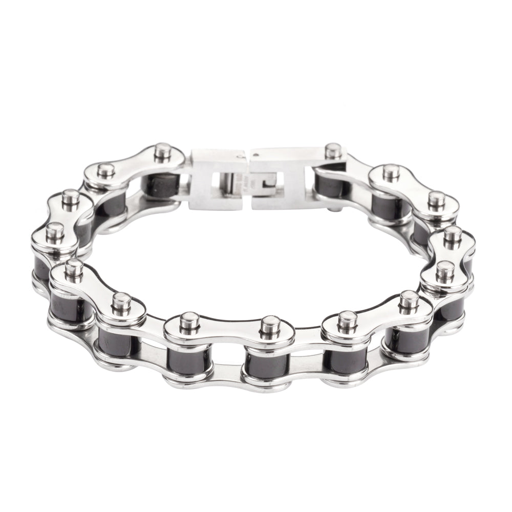 SK1122 1/2" Wide Two Tone Silver Black Rollers Stainless Steel bicycle Bike Chain Bracelet