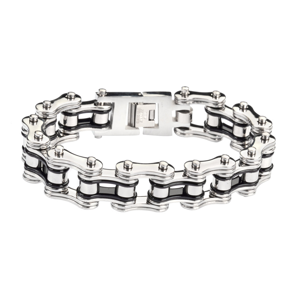 SK1124 3/4" Wide Two Tone Silver Black Double Link Design Unisex Stainless Steel bicycle Chain Bracelet