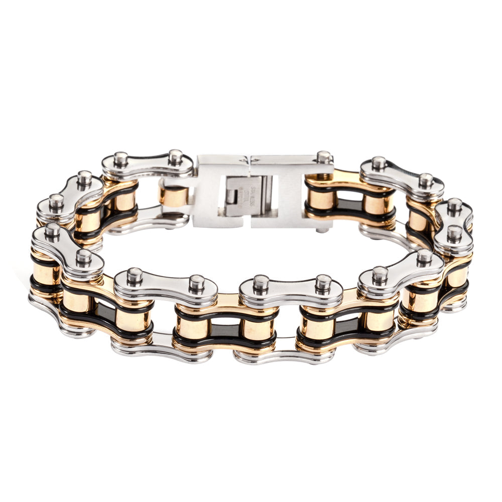 SK1126 3/4" Wide Tri-Color Black Silver Gold Double Link Design Unisex Stainless Steel bicycle Chain Bracelet