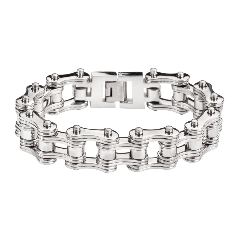 SK1128 All Silver Tone Double Link 3/4" Wide Design Unisex Stainless Steel bicycle Chain Bracelet