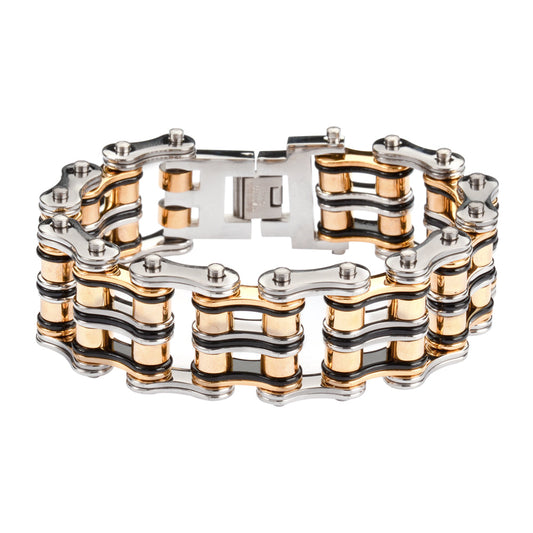 SK1130 1" Wide Tri-Color Black Silver Gold Unisex Stainless Steel bicycle Chain Bracelet