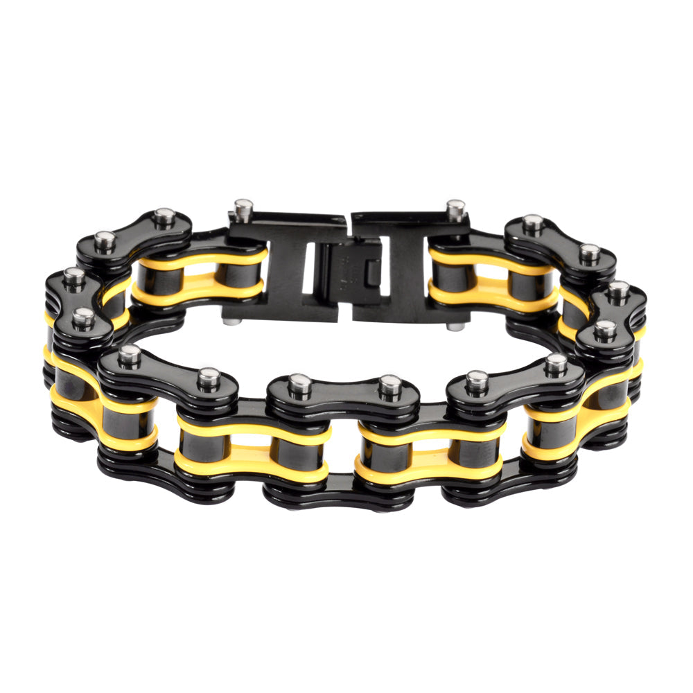 SK1132 3/4" Wide Two Tone Black Yellow Double Link Design Unisex Stainless Steel bicycle Chain Bracelet