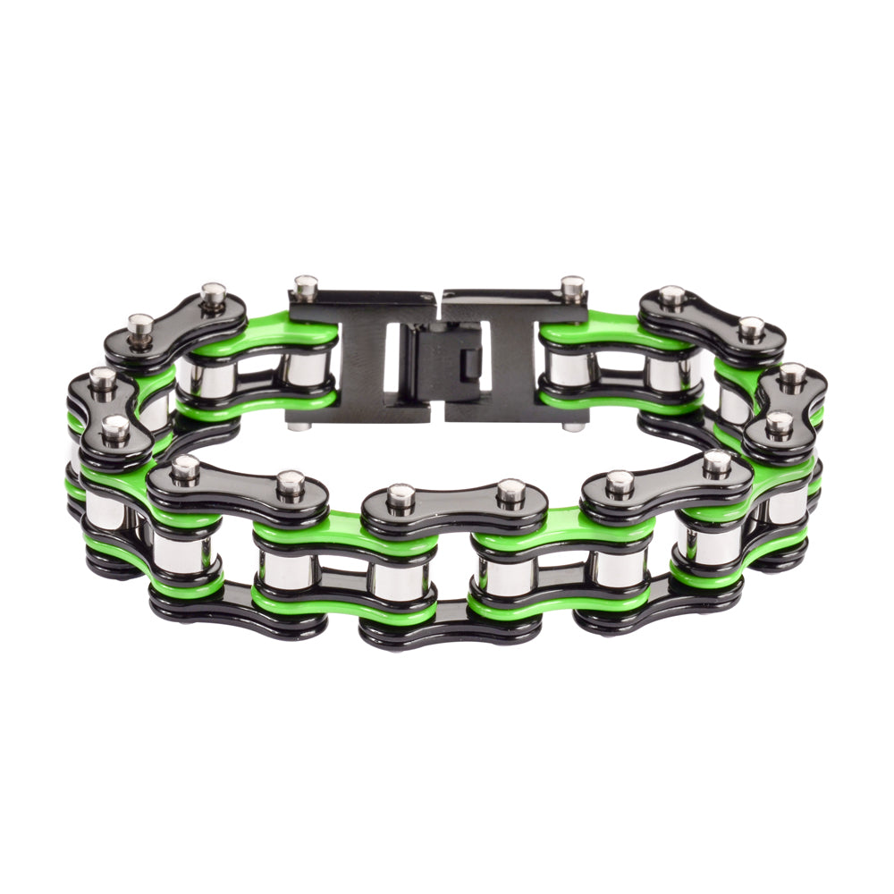 SK1133 Black Green Silver 3/4" Wide Double Link Design Unisex Stainless Steel bicycle Chain Bracelet