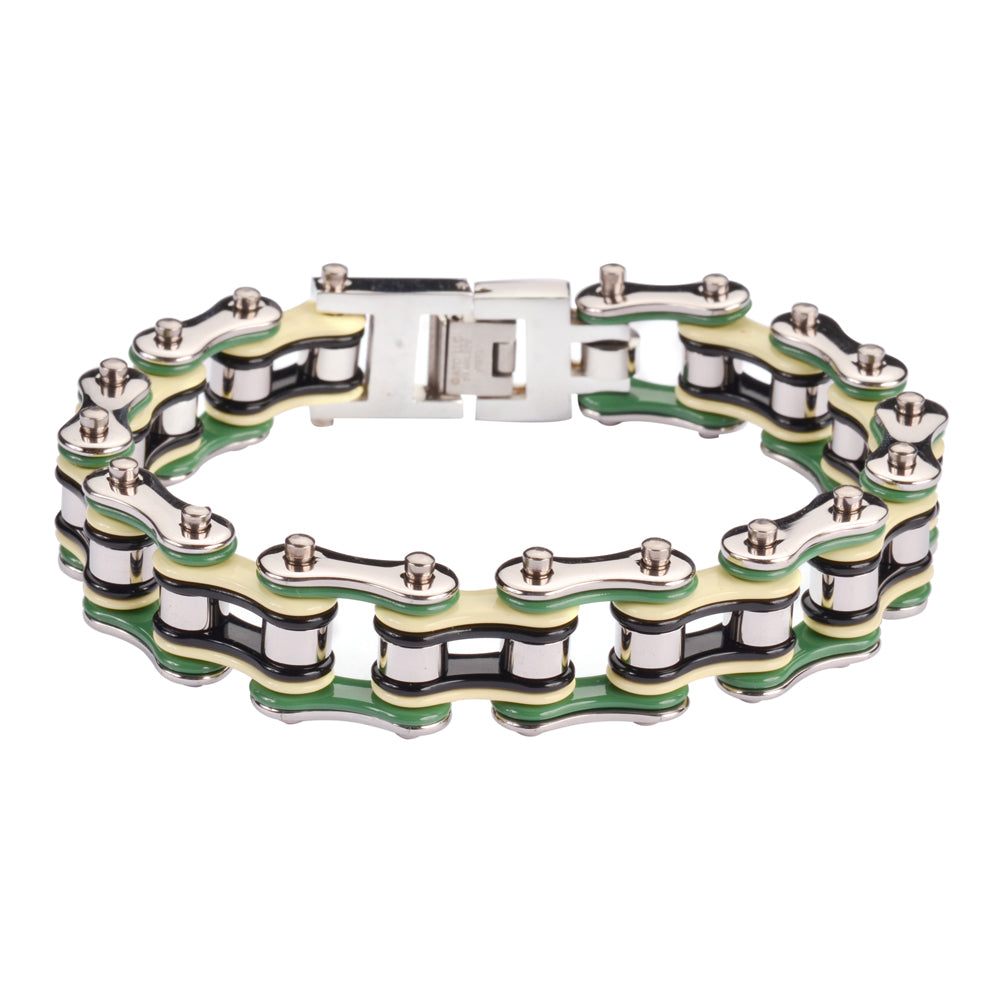 SK1134 3/4" Wide Silver Cream Green Black Double Link Design Unisex Stainless Steel bicycle Chain Bracelet