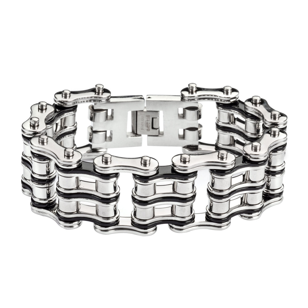 SK1138 Two Tone Silver Black 1" Wide Unisex Stainless Steel bicycle Chain Bracelet