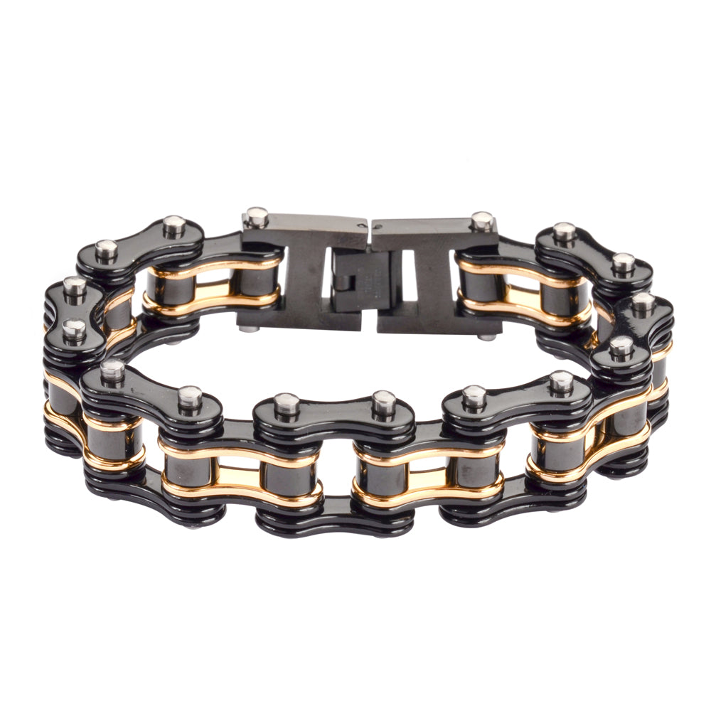 SK1155 Two Tone Black Gold 3/4" Wide Double Link Design Unisex Stainless Steel bicycle Chain Bracelet