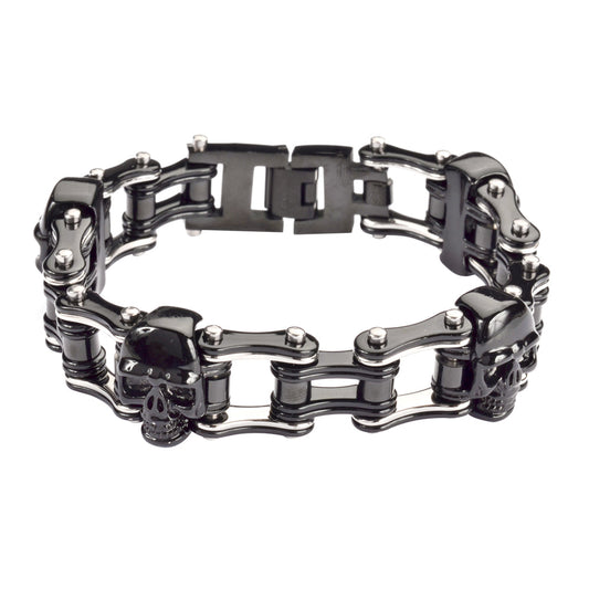 SK1160 Two Tone Black Silver 3/4" Wide With Skulls Unisex Stainless Steel bicycle Skull Chain Bracelet