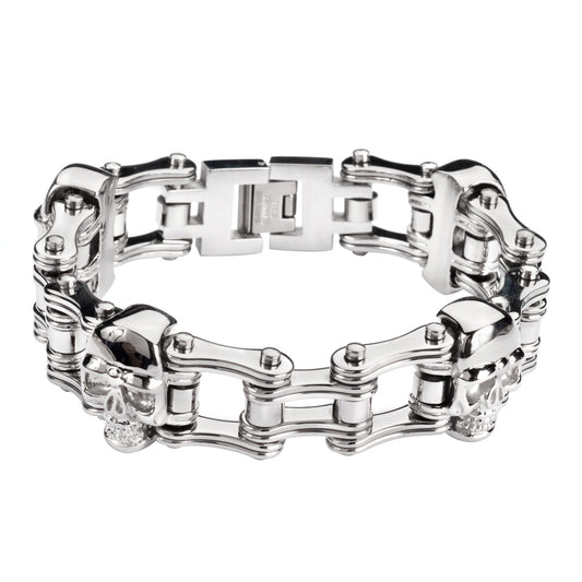 SK1164 All Silver Tone Double Link Design 3/4" Wide With Skulls Unisex ALL Stainless Steel bicycle Skull Chain Bracelet