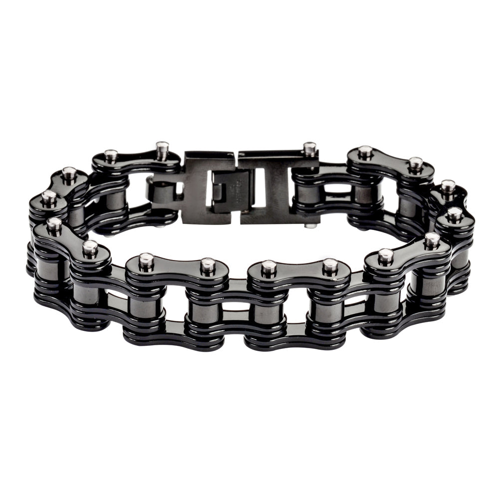 SK1181 3/4" Wide All Black Powder Coat Double Link Design Unisex Stainless Steel bicycle Chain Bracelet