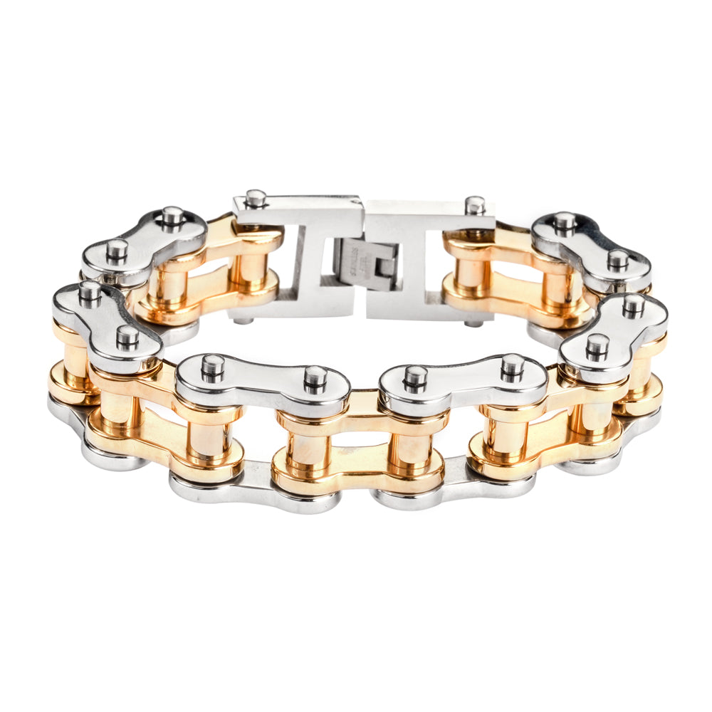 SK1182 Stainless Gold Rollers 3/4" Wide THICK LINK Men's Stainless Steel bicycle Chain Bracelet