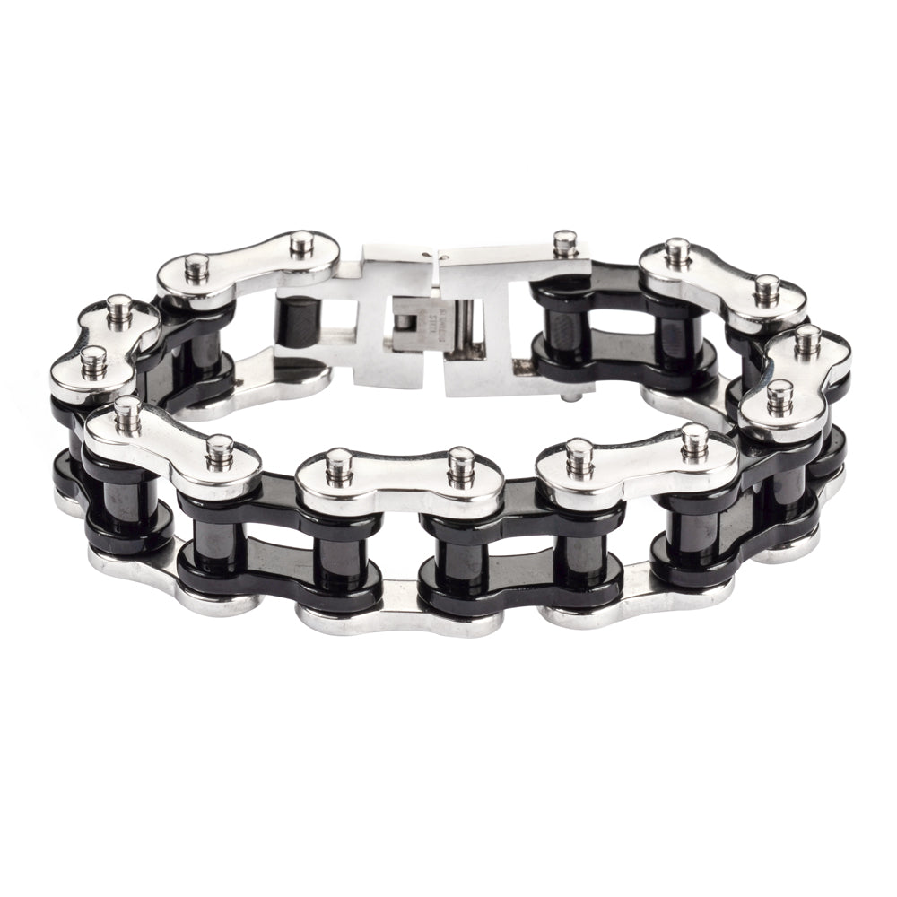 SK1183 Stainless Black Rollers 3/4" Wide THICK LINK Men's Stainless Steel bicycle Chain Bracelet