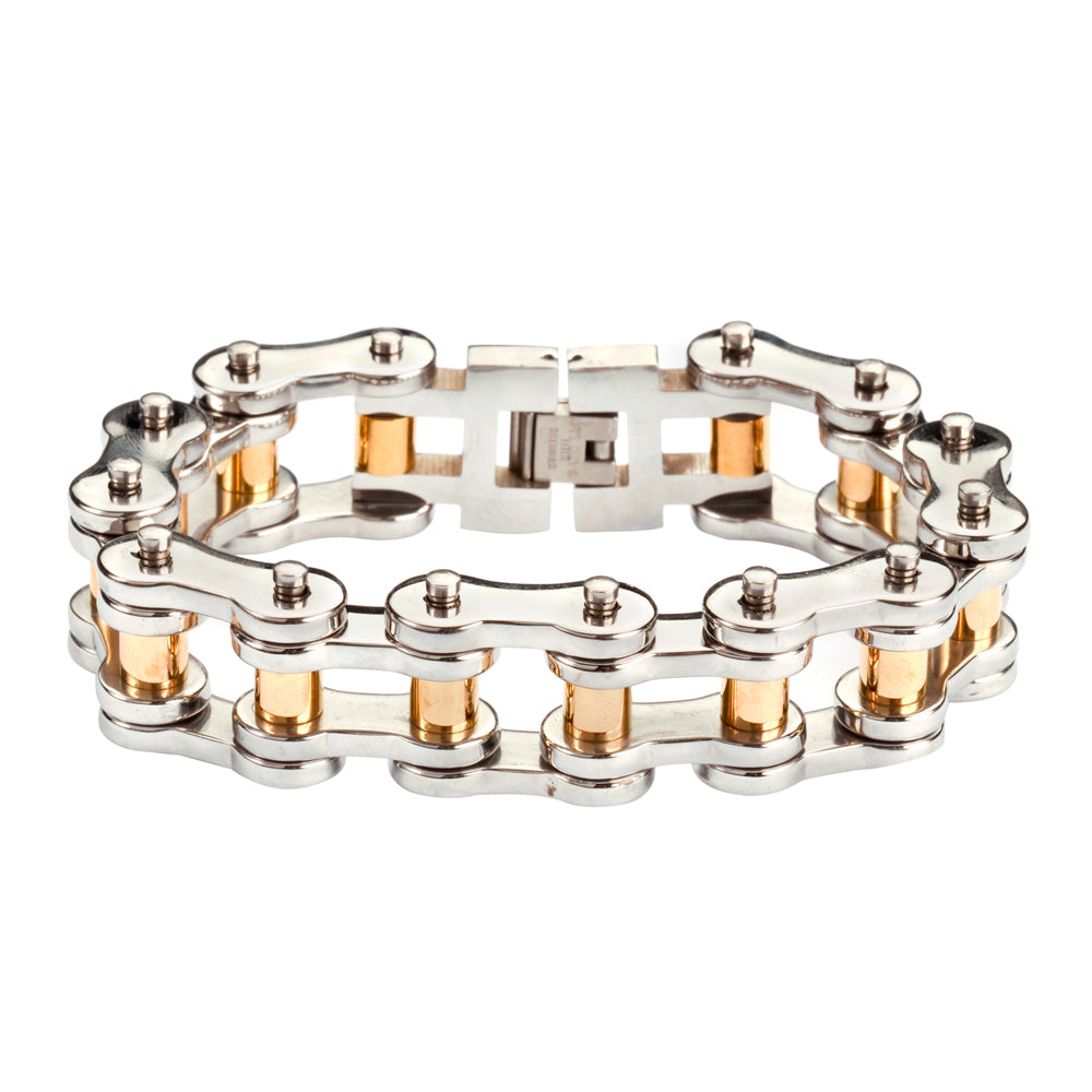 SK1187 Stainless Gold Rollers 3/4" Wide THICK LINK Men's Stainless Steel bicycle Chain Bracelet