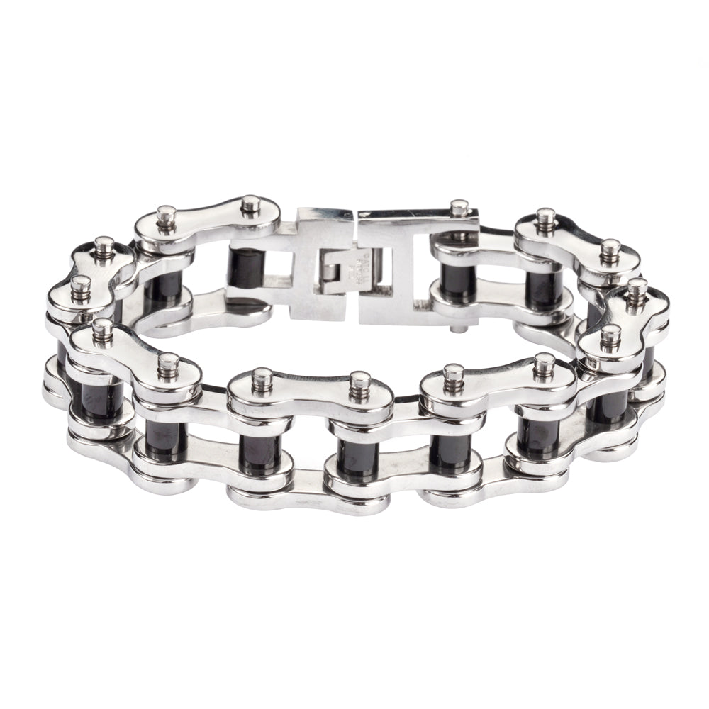 SK1189 Stainless Black Rollers 3/4" Wide THICK LINK Men's Stainless Steel bicycle Chain Bracelet