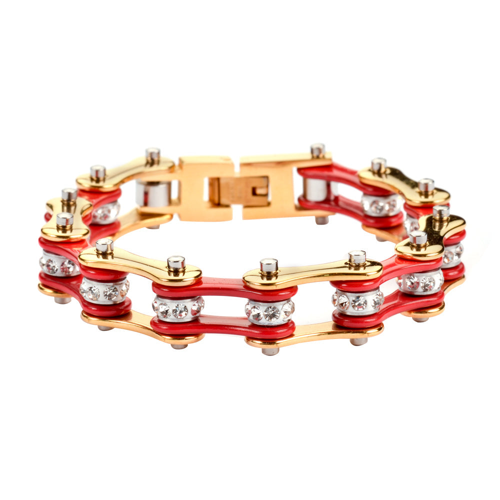 SK1190 1/2" Wide Two Tone Gold Red With White Crystal Centers Stainless Steel bicycle Bike Chain Bracelet