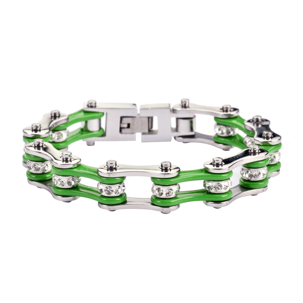 SK1191 1/2" Wide Two Tone Silver Green With White Crystal Centers Stainless Steel bicycle Bike Chain Bracelet