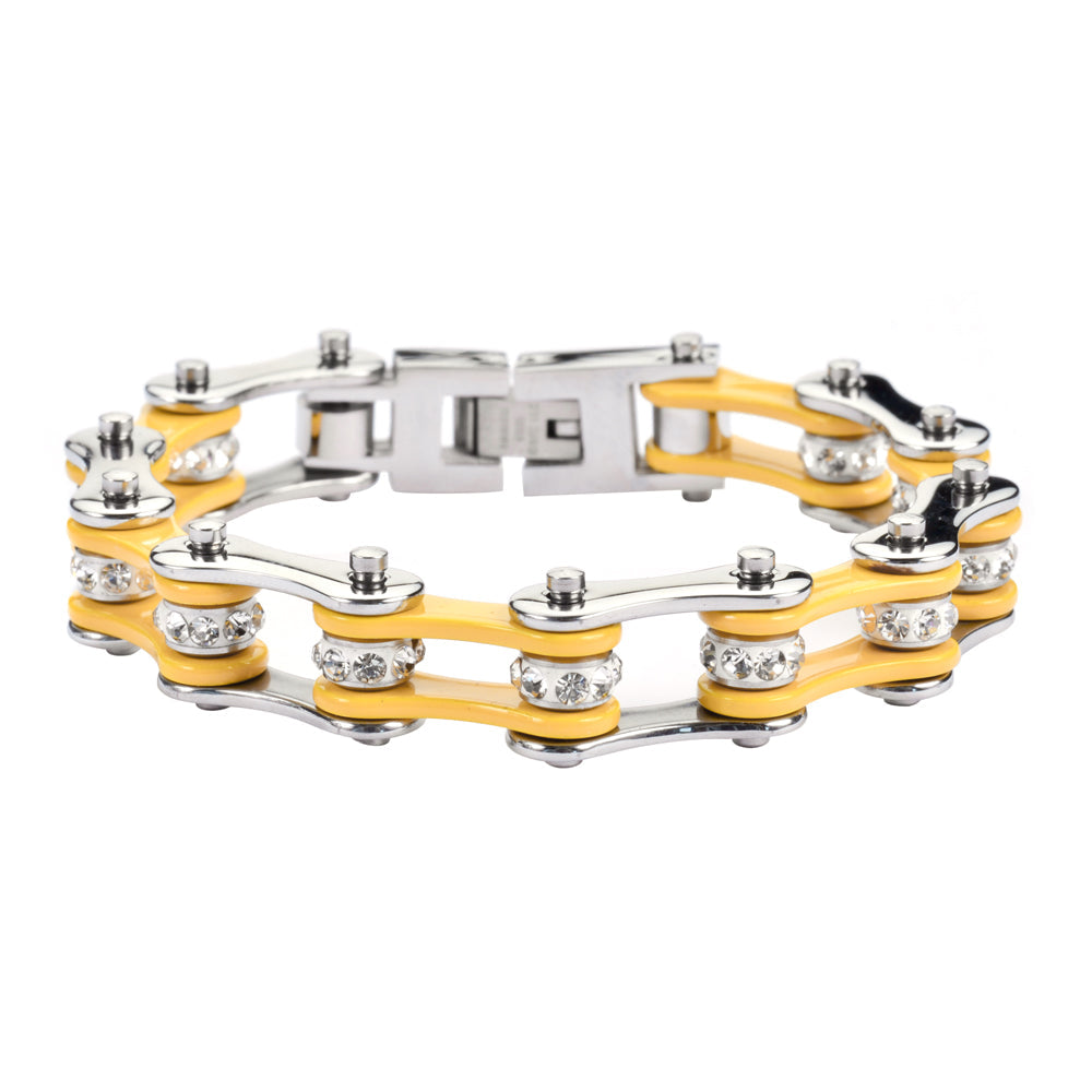 SK1194 1/2" Wide Two Tone Silver Yellow With White Crystal Centers Stainless Steel bicycle Bike Chain Bracelet