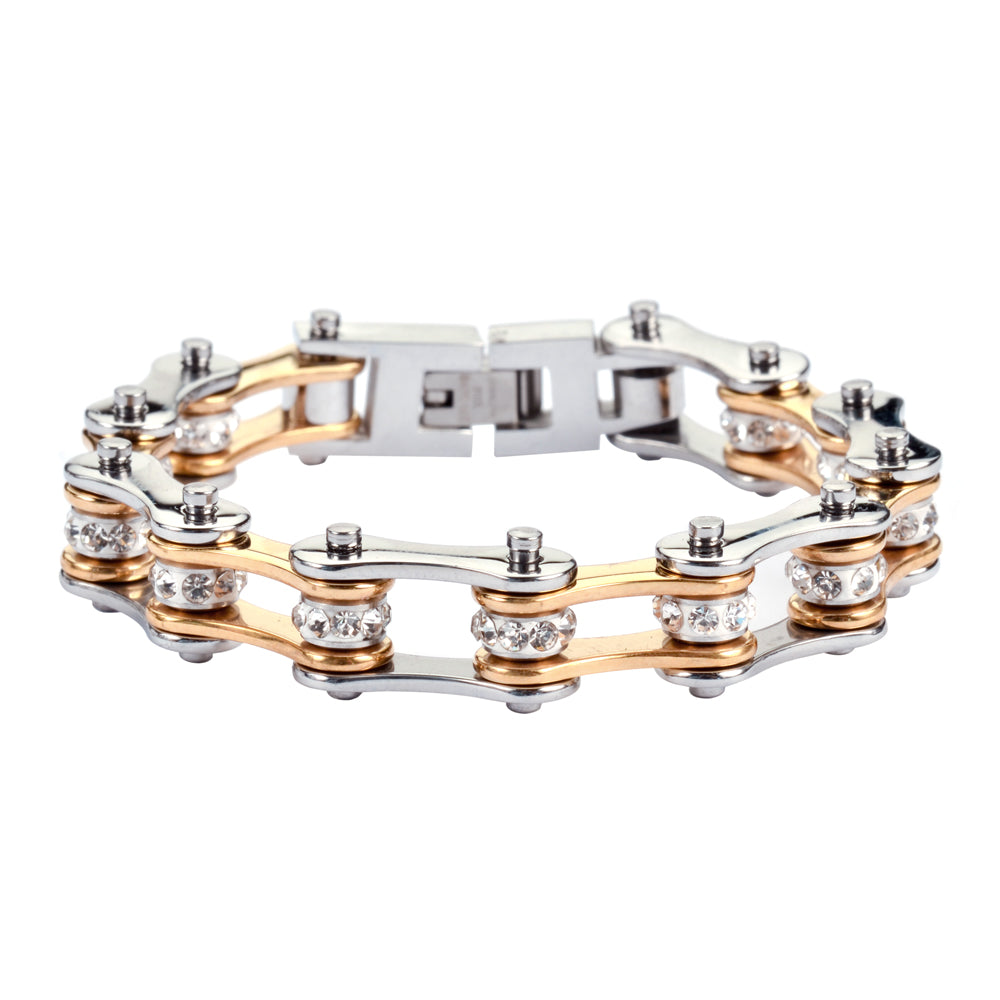 SK1196 1/2" Wide Two Tone Silver Gold With White Crystal Centers Stainless Steel bicycle Bike Chain Bracelet