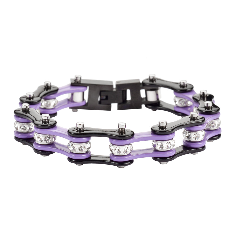 SK1197S 1/2" Wide Two Tone Black Violet With White Crystal Centers Stainless Steel bicycle Bike Chain Bracelet