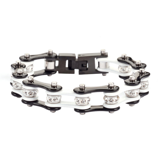 SK1198 1/2" Wide Two Tone Black White With White Crystal Rollers Stainless Steel bicycle Bike Chain Bracelet