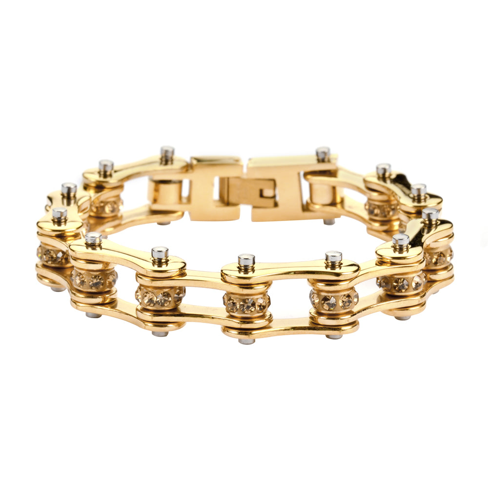 SK1199 1/2" Wide All Gold With Gold Crystal Centers Stainless Steel bicycle Bike Chain Bracelet