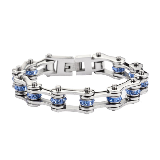 SK1205 1/2" Wide All Stainless With Blue Crystal Centers Stainless Steel bicycle Bike Chain Bracelet