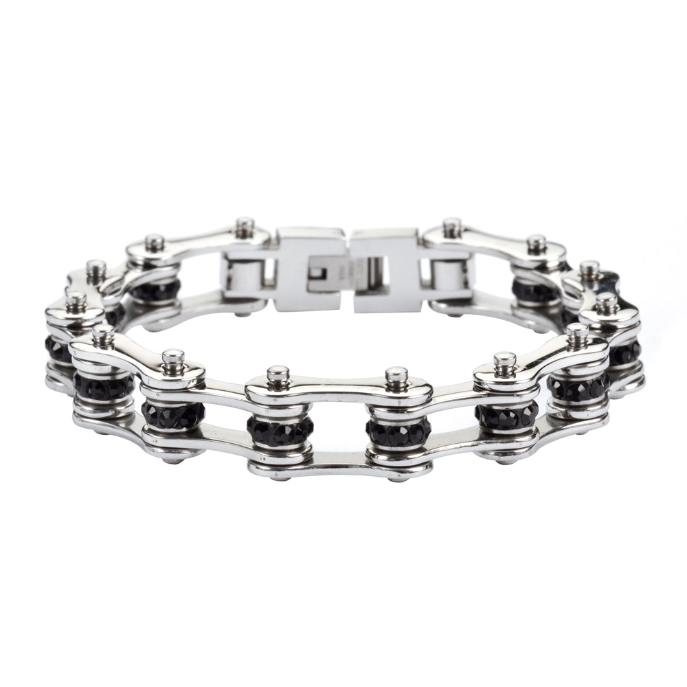 SK1206 1/2" Wide All Stainless With Black Crystal Centers Stainless Steel bicycle Bike Chain Bracelet