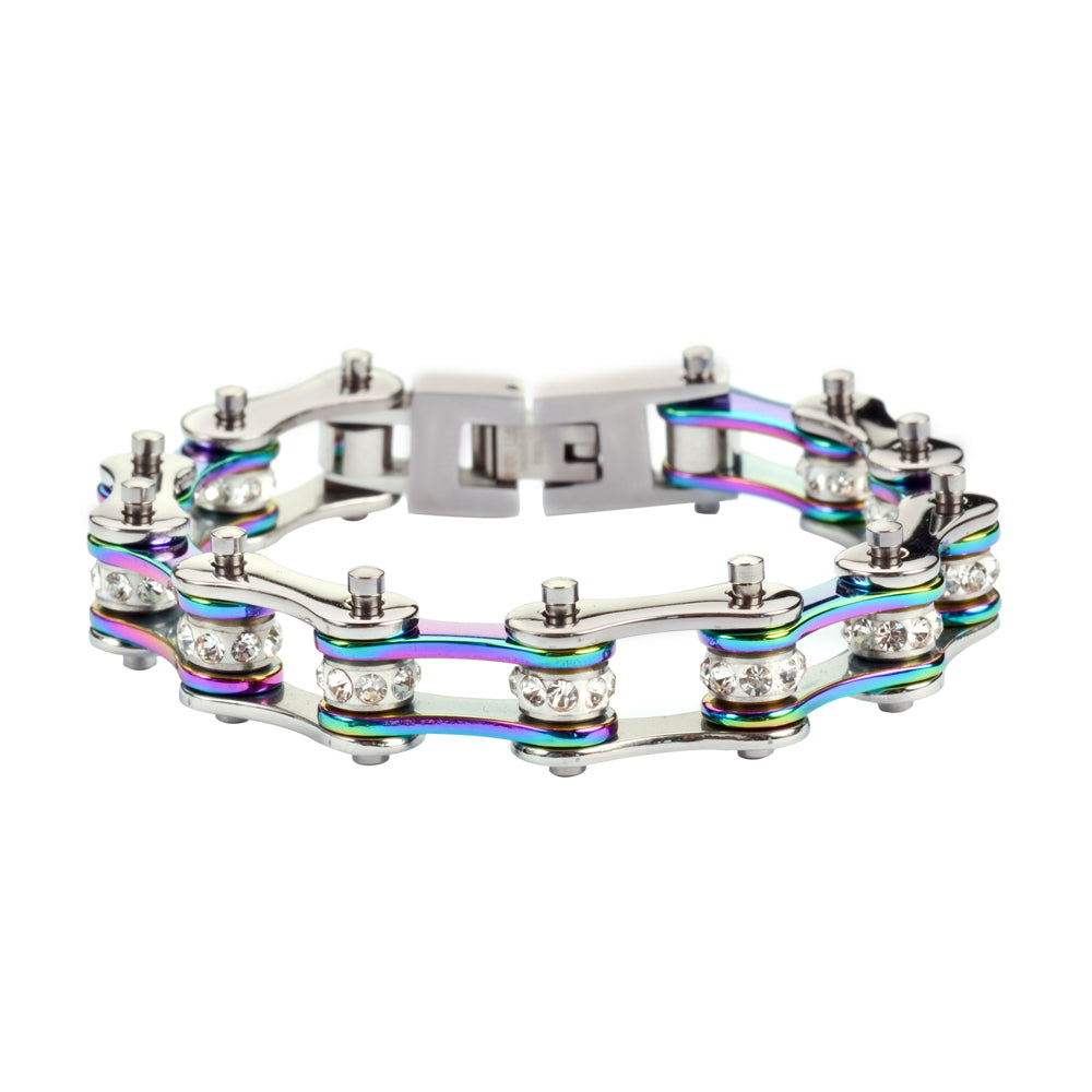 SK1207 1/2" Wide Two Tone Silver Rainbow With White Crystal Centers Stainless Steel bicycle Bike Chain Bracelet