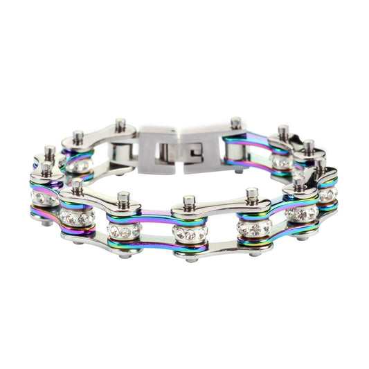 SK1207 1/2" Wide Two Tone Silver Rainbow With White Crystal Centers Stainless Steel bicycle Bike Chain Bracelet