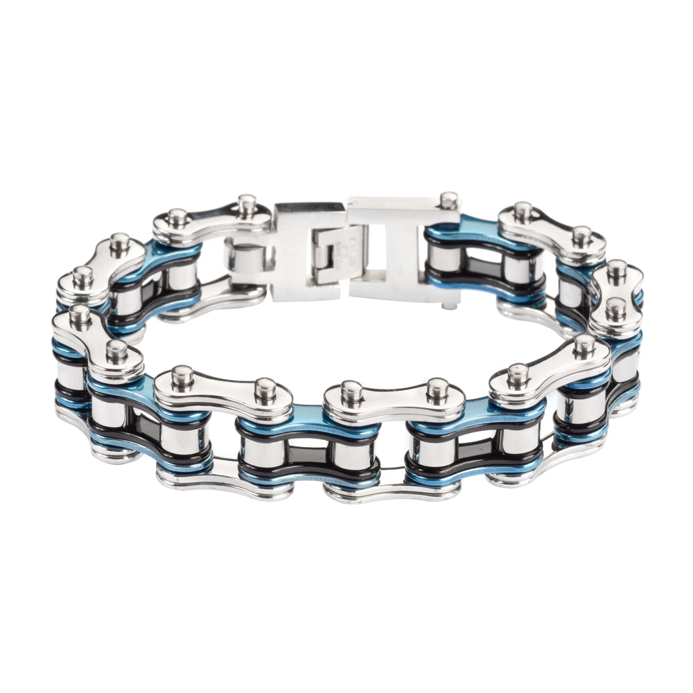 SK1210 3/4" Wide Tri-Color Police Silver Blue Black Double Link Design Unisex Stainless Steel bicycle Chain Bracelet