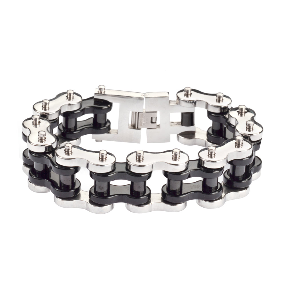 SK1258 1" Wide Silver Black THICK LINK Men's Stainless Steel bicycle Chain Bracelet