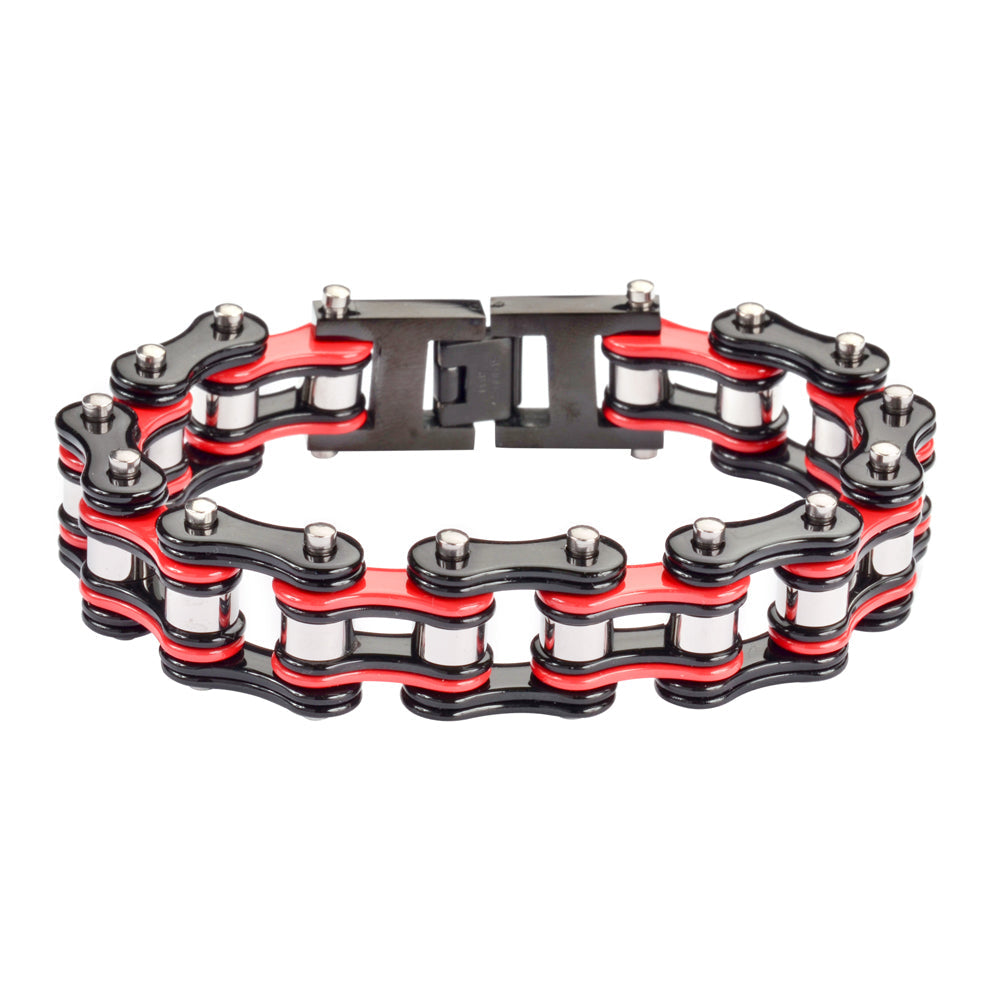 SK1284 Tri Color Black Red Silver 3/4" Wide Double Link Design Unisex Stainless Steel bicycle Chain Bracelet