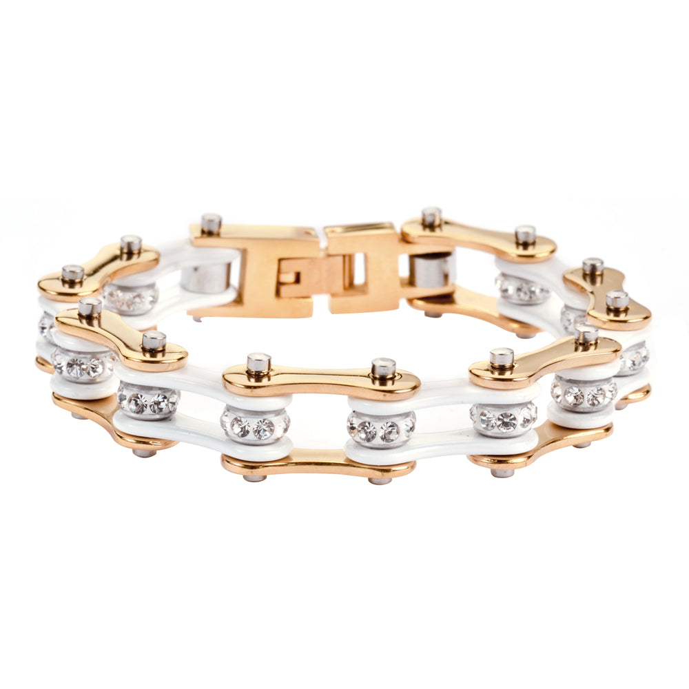 SK1290 1/2" Wide Two Tone Gold White With White Crystal Centers Stainless Steel bicycle Bike Chain Bracelet