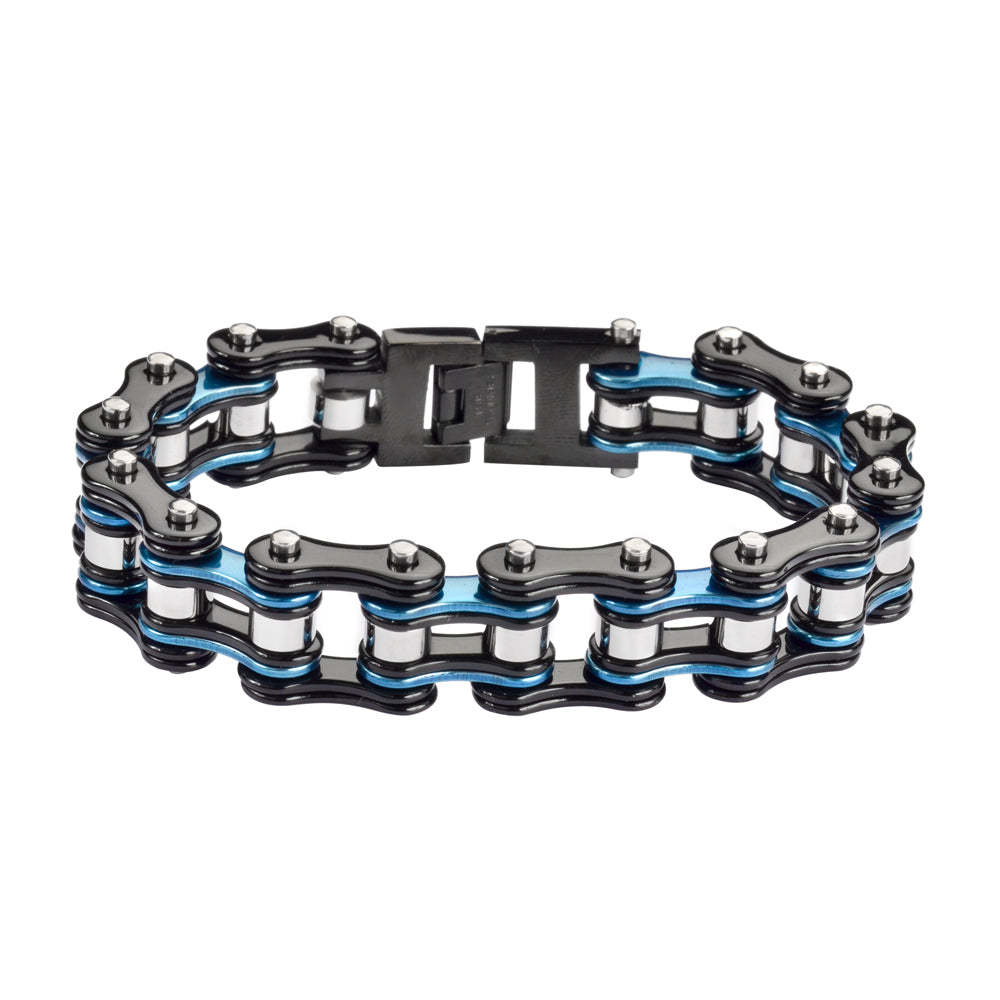 SK1291 3/4" Wide Tri-Color Black Blue Silver Double Link Design Unisex Stainless Steel bicycle Chain Bracelet