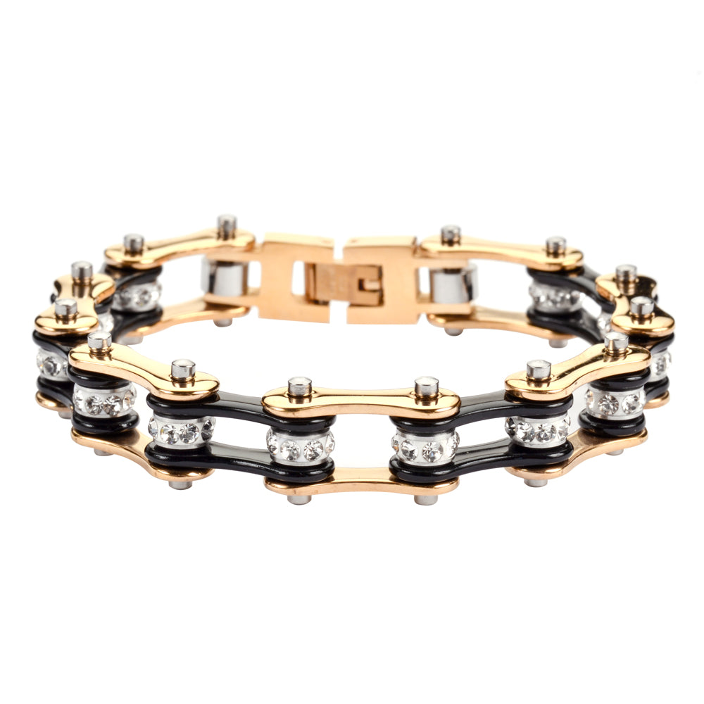 SK1295 1/2" Wide Two Tone Gold Black With White Crystal Centers Stainless Steel bicycle Bike Chain Bracelet