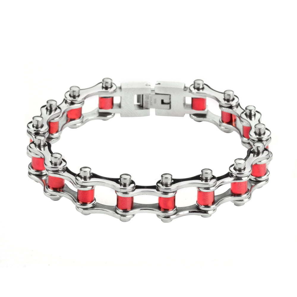 SK1298 1/2" Wide All Stainless Steel Red Rollers Stainless Steel bicycle Bike Chain Bracelet