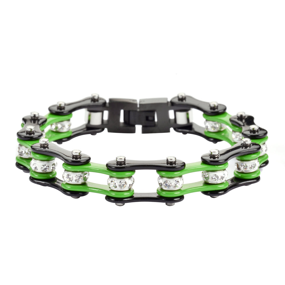 SK1300 1/2" Wide Two Tone Black Green With White Crystal Rollers Stainless Steel bicycle Bike Chain Bracelet