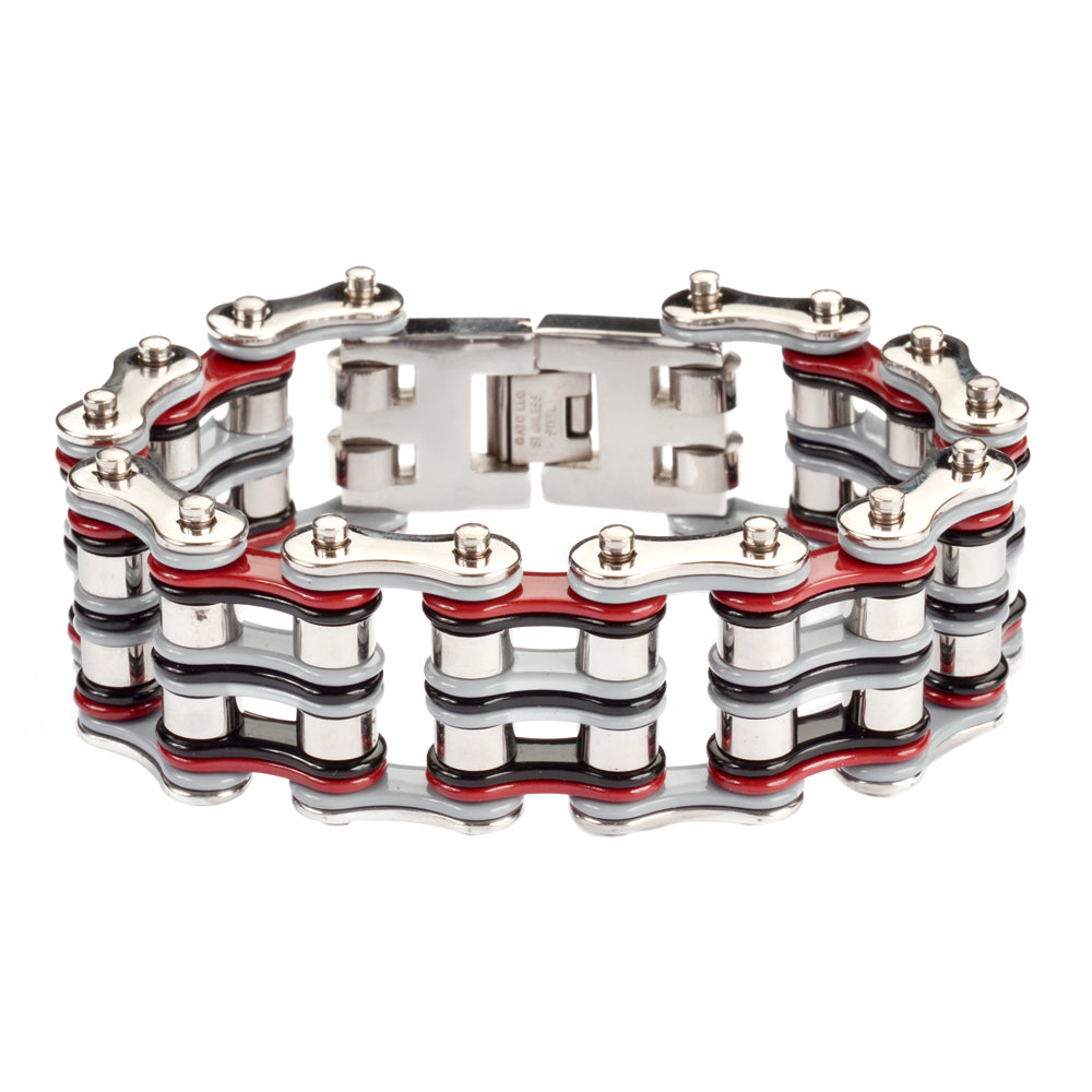 SK1310 1" Wide Quad Color Tone Silver Grey Red Black Men's Stainless Steel bicycle Chain Bracelet