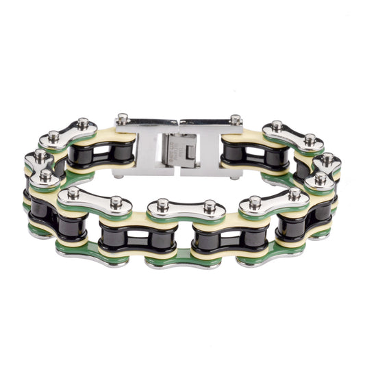 SK1314 3/4" Wide Quad Color Silver Green Tan Black Double Link Design Men's Stainless Steel bicycle Chain Bracelet