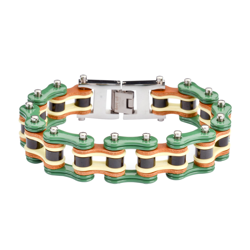 SK1320 3/4" Wide Tri Color Green Yellow Black Leather Men's Stainless Steel bicycle Chain Bracelet