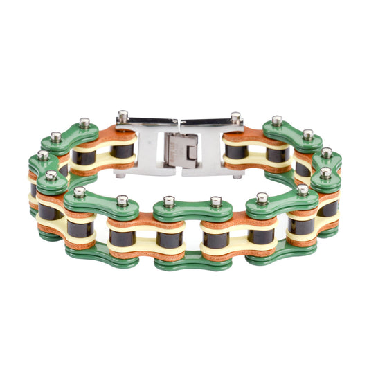 SK1320 3/4" Wide Tri Color Green Yellow Black Leather Men's Stainless Steel bicycle Chain Bracelet