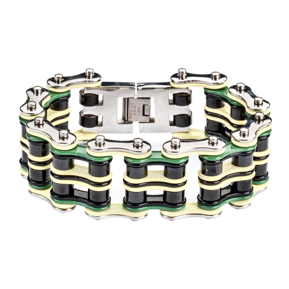 SK1321 Quad Color 1" Wide Silver Grey Black Green Men's Stainless Steel bicycle Chain Bracelet