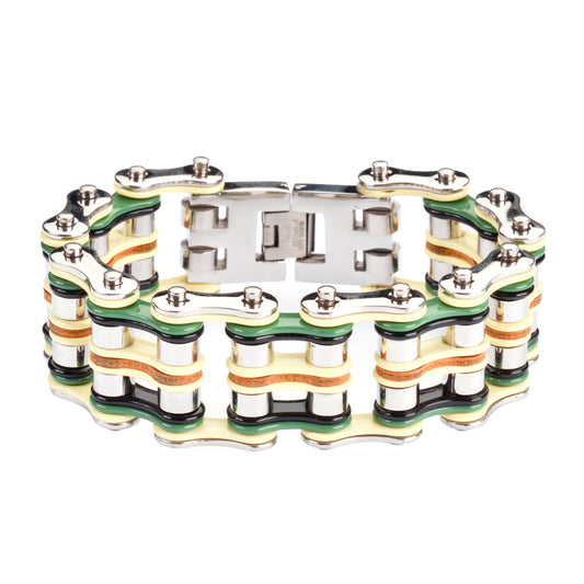 SK1324 1" Wide Quad Color Silver Yellow Green Black Leather Men's Stainless Steel bicycle Chain Bracelet