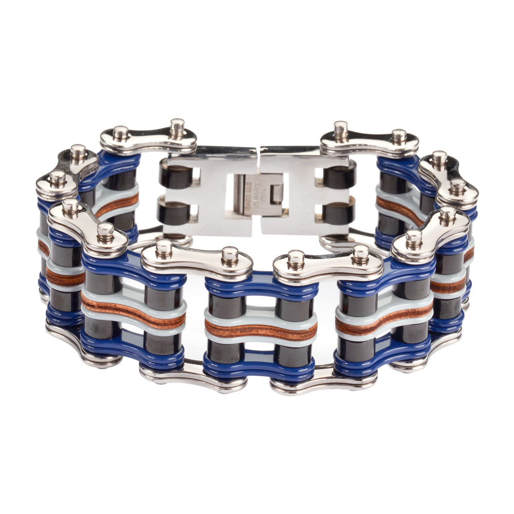 SK1332 1" Wide Quad Color Tone Silver Blue Black Grey Leather Men's Stainless Steel bicycle Chain Bracelet