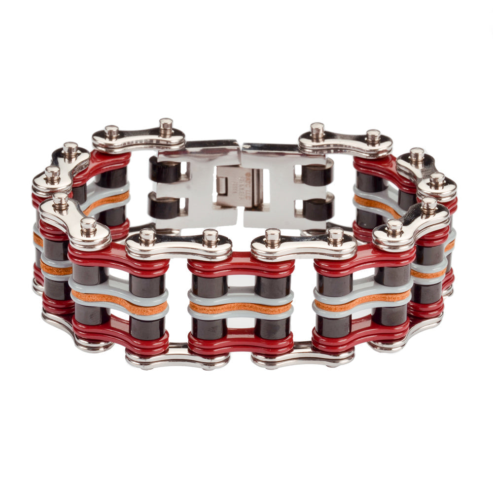 SK1341 Quad Color 1" Wide Silver Red Black Grey Leather Stainless Steel bicycle Chain Bracelet