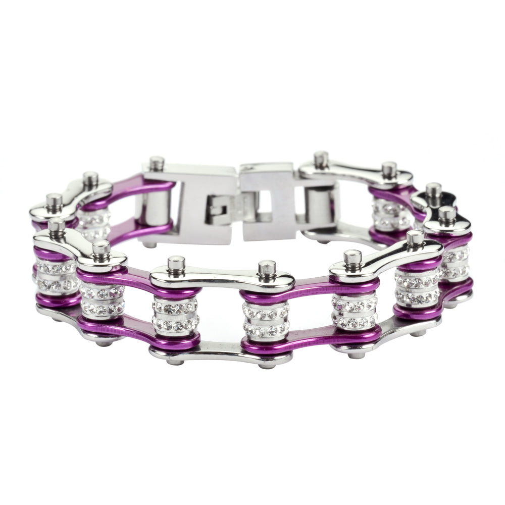 SK1603 1/2" Wide Silver Candy Purple Double Crystal Rollers Stainless Steel bicycle Bike Chain Bracelet