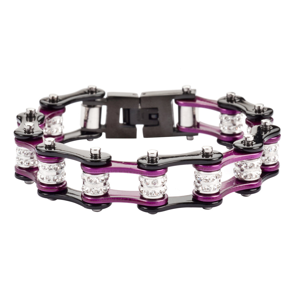 SK1609 1/2" Wide Black Candy Purple Double Crystal Rollers stainless Steel bicycle Bike Chain Bracelet